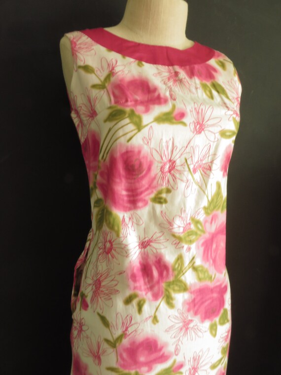 50s Pink Rose Pencil Dress Floral Sheath Sundress… - image 3