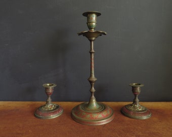 Circa 1900 Indian Solid Brass Candlesticks Antique Signed Etched Brass Red & Green Enamel India Cloisonne Vintage Candle Holders Boho Decor