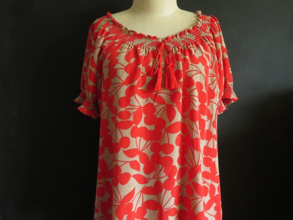 XL Joie Silk Smock Blouse Red/Orange & Ecru Smocke