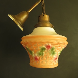 1920s Glass Kitchen Light Antique Pendant Light Orange Air-Brushed Floral Basket Shaped Lighting Fixture Vintage Ceiling Light