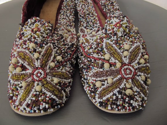 Antique Handmade Beaded Shoes Flats Slippers 1940s