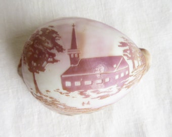 Carved Church on Cowrie Shell Hand Carved Handmade Shell Art Sea Shell Carving