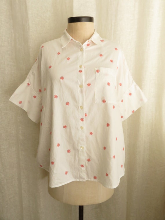 L Madewell Cotton Summer Shirt White with Pink Emb
