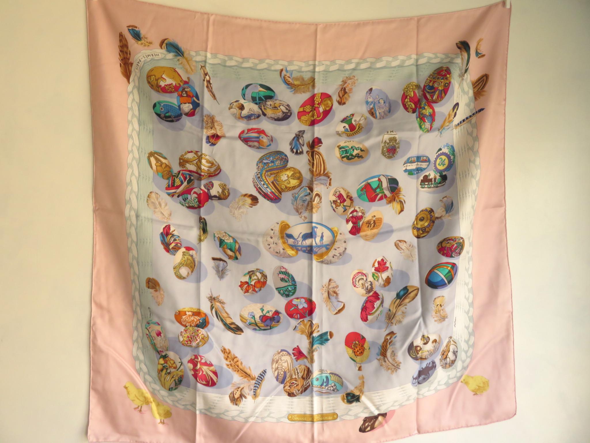 90s PINK HERMÈS Latham Couvée D'hermès Scarf PARIS Easter Eggs