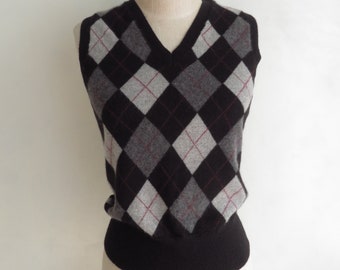 Cashmere Sweater Vest 2-Ply Cashmere Black & Gray Argyle Size S/M