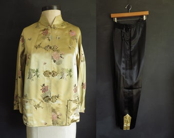 Chinese Silk Brocade Lounge Outfit Gold Champagne Silk Satin Jacket Black Silk Satin Pants Vintage 1950s Pants Set Top & Bottom Outfit