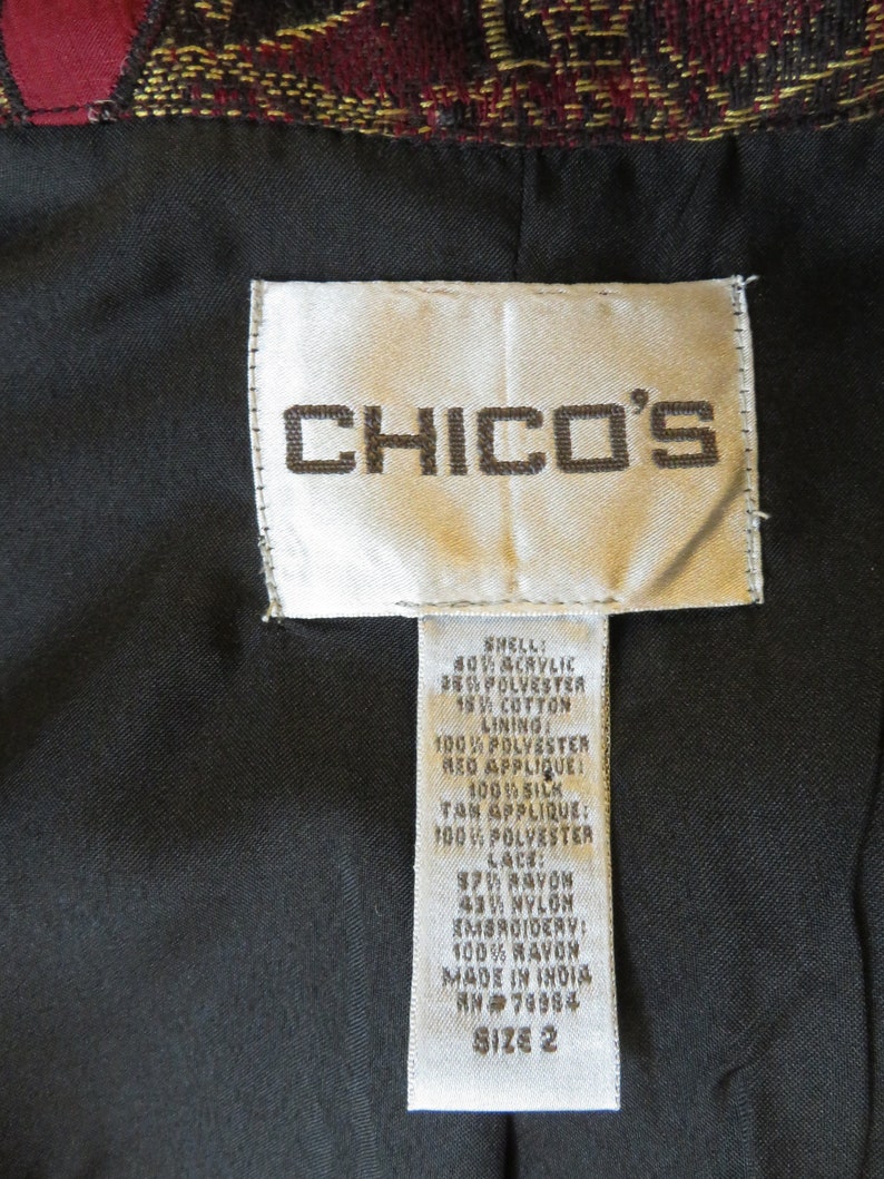 US Size 12Large Long Tapestry Jacket Brown Red Black Applique Coat Chico/'s Size 2