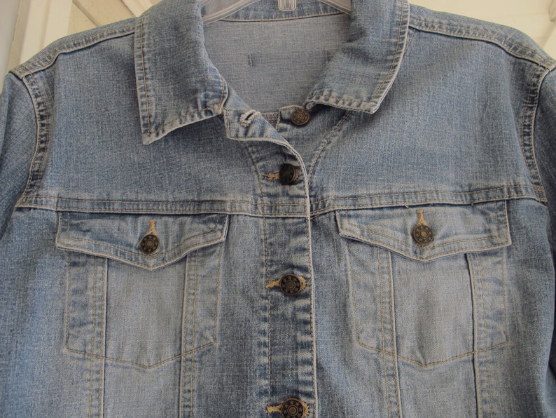 90s Embellished Denim Jacket Patched w Vintage Floral Needlepoint Made In England Faded Denim Button Up Handmade Design Boho Upcycled