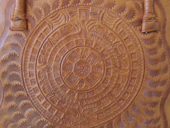 Vintage Mexican Purse Tooled Leather Mayan Figure… - image 8