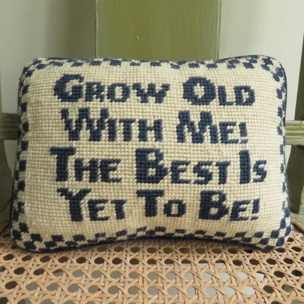 Small Needlepoint Pillow Wool Handmade Growing Old Aging Together! Wedding Anniversary Gift