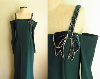 14 Rickie Freeman Teri Jon Floor Length Dress Emerald Green Gown w/ Velvet and Rhinestones Size 14