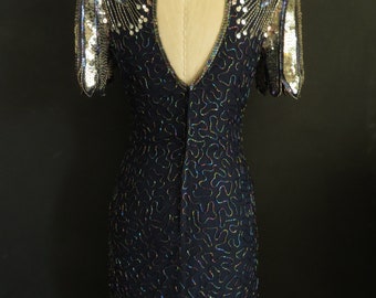 80s Beaded Silk Cocktail Dress Lawrence Kazan Navy Blue Silk
