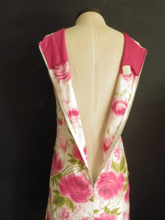 50s Pink Rose Pencil Dress Floral Sheath Sundress… - image 7