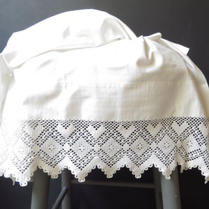 Antique Monogrammed Linen Bed Sheet Hand Crocheted Edge Victorian Bedding Turn Down Lace