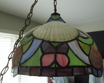 70s Stained Glass Pendant Light w/ Seashells Handmade Vintage Dining Room Light Slag Glass Chandelier California Glass Artist Coastal Decor