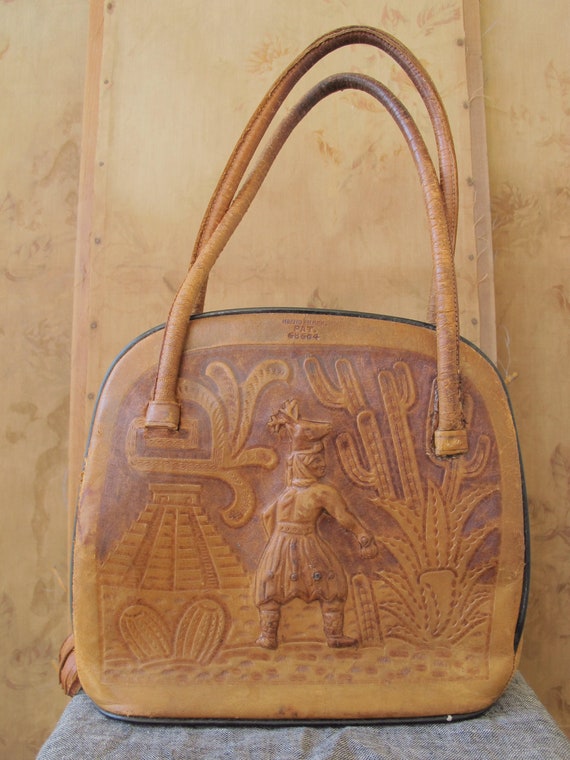 Vintage Mexican Purse Tooled Leather Mayan Figure… - image 3
