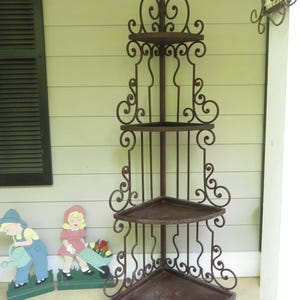 Large Antiqued Wrought Iron Shelf Tall Corner Shelf Garden Shelf, Plant or Kitchen Shelf