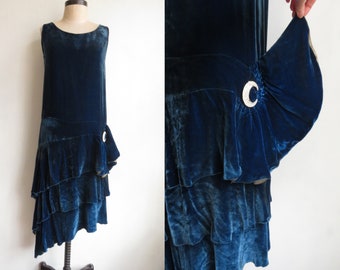 1920s Blue Silk Velvet Dress Asymmetrical Flapper Dress Sleeveless Gatsby Dress