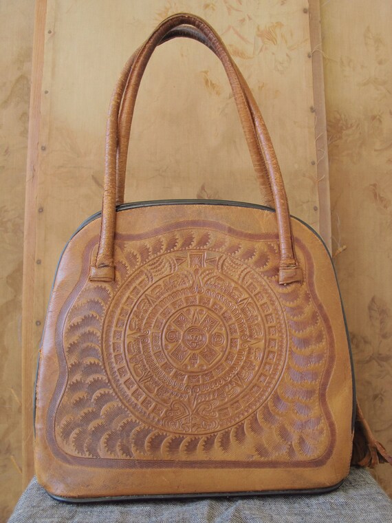 Vintage Mexican Purse Tooled Leather Mayan Figure… - image 7