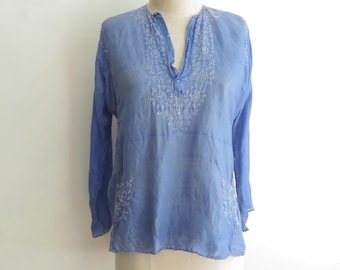 1920s Blue Silk Indian Tunic Embroidered Blouse Small