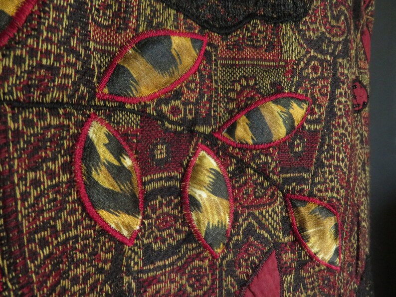 US Size 12Large Long Tapestry Jacket Brown Red Black Applique Coat Chico/'s Size 2