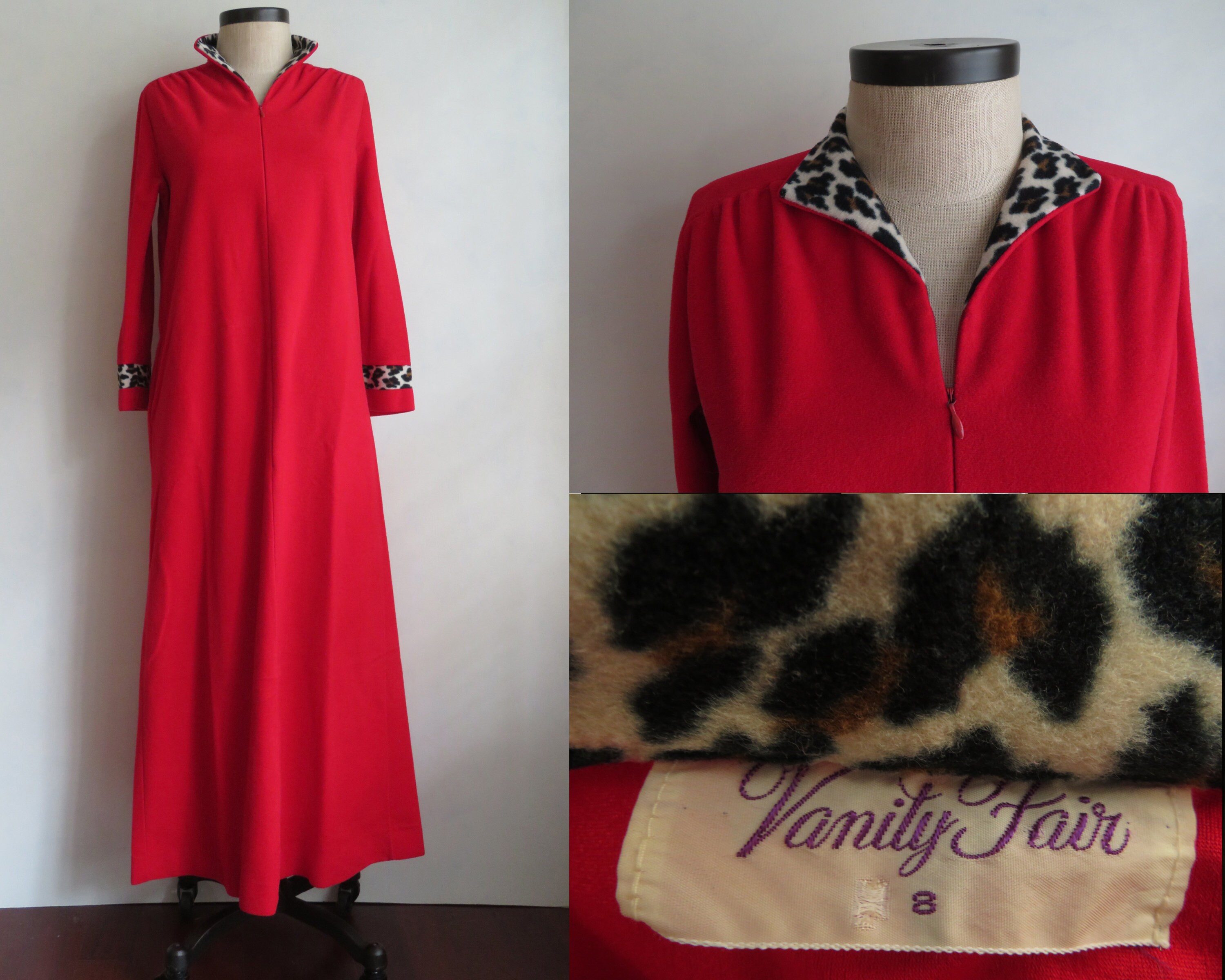 Sz 8 Red & Leopard Robe 1960s Full Length Zip-up Vintage