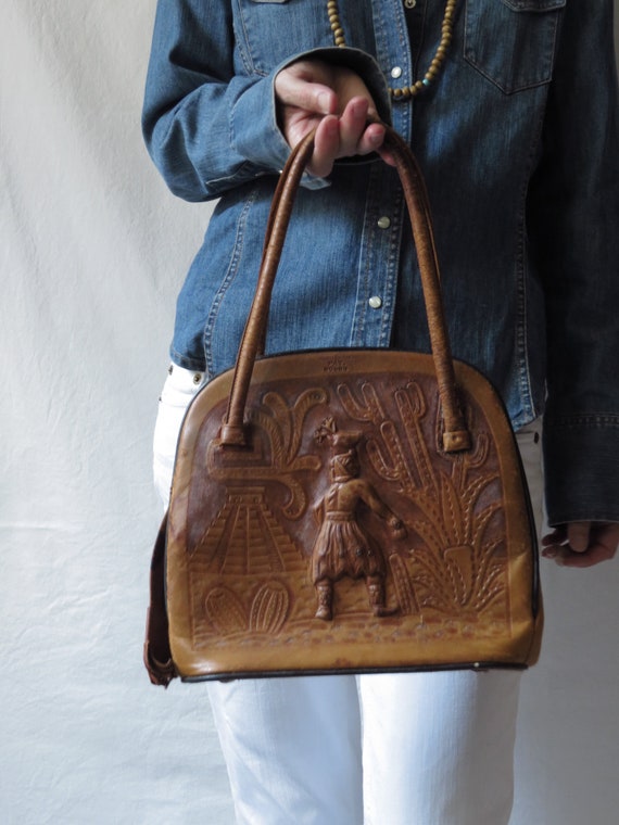 Vintage Mexican Purse Tooled Leather Mayan Figure… - image 1