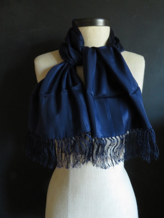 30s Silk Opera Scarf Navy Blue Long Scarf w/ Fring