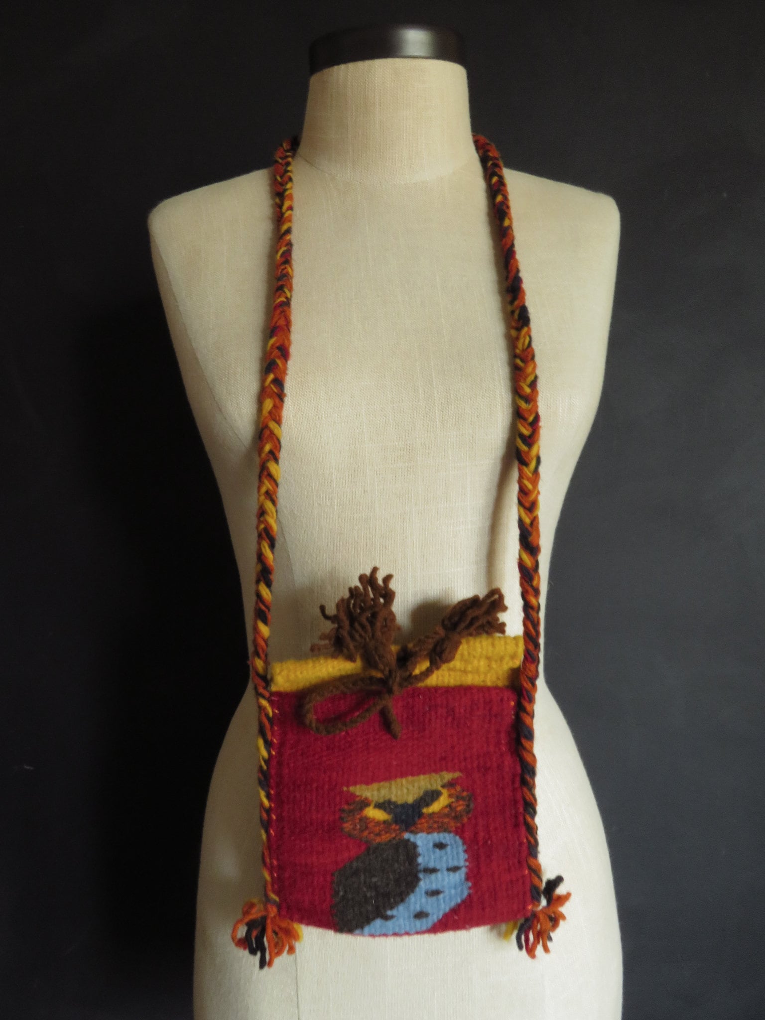 70s Woven Owl Purse Hand-Loomed Wool Weaving Vintage Boho Small Shoulder Bag