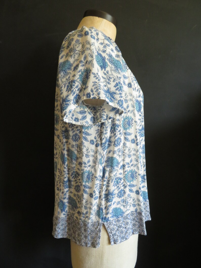 L Blue Floral Peasant Blouse J. Jill Rayon India Print Short Etsy