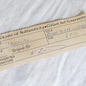 Puede incluir: Un certificado de autenticidad vintage de Collier Art Corporation. El certificado, con el t&iacute;tulo "Road to the Village", es para una pintura al &oacute;leo original de Leprini, que mide 20,32 x 25,4 cm.
