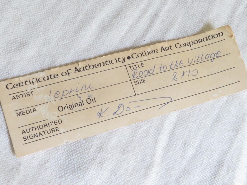 Puede incluir: Un certificado de autenticidad vintage de Collier Art Corporation. El certificado, con el t&iacute;tulo "Road to the Village", es para una pintura al &oacute;leo original de Leprini, que mide 20,32 x 25,4 cm.