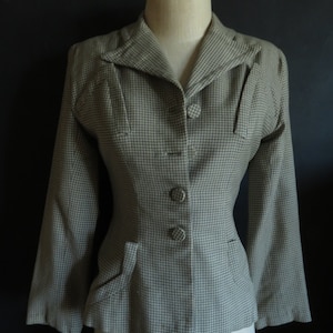 40s Gaberdine Blazer Grey & White Check Vintage Wool Suit Jacket Size Small