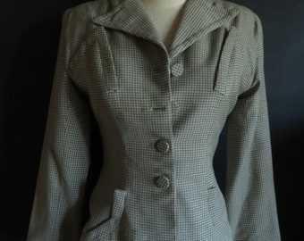 40s Gaberdine Blazer Grey & White Check Vintage Wool Suit Jacket Size Small