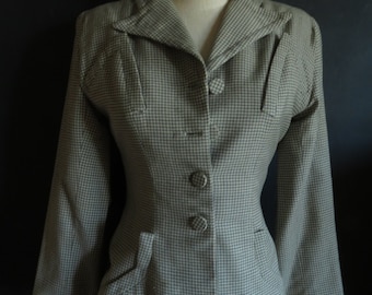 40s Gaberdine Blazer Grey & White Check Vintage Wool Suit Jacket Size Small