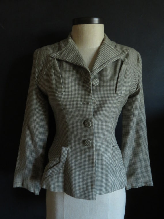 40s Gaberdine Blazer Grey & White Check Vintage Wo