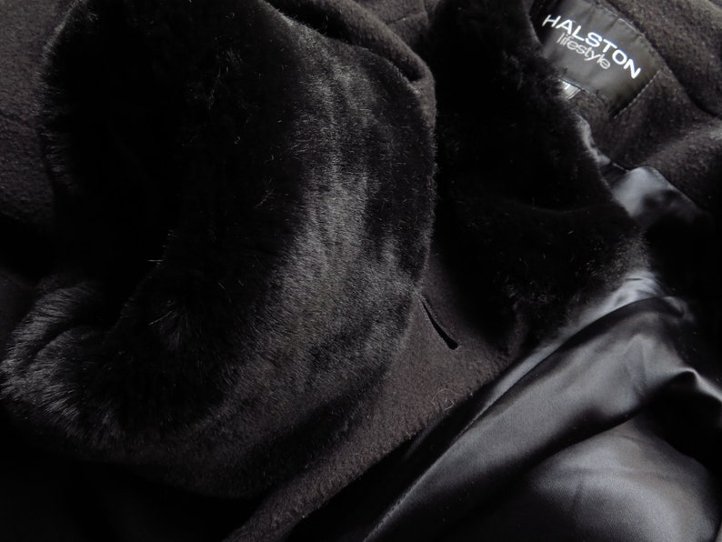 12 Halston Black Overcoat Wool W/ Faux Fur Trim Cuffs & Collar | Etsy