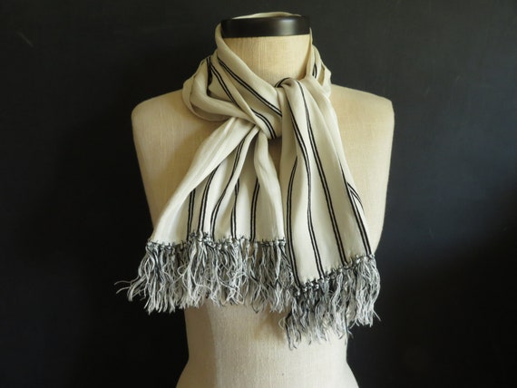 Silk Fringed Opera Scarf White & Black Striped Lon
