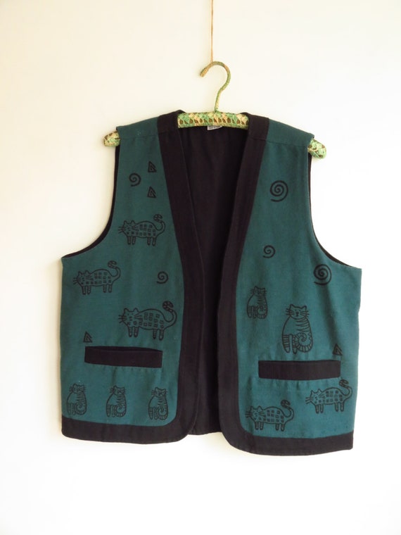 L Cat Print Vest Nepal Green & Black Cotton Handm… - image 7