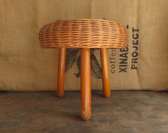 Vintage Tony Paul Wicker Stool ~ Mid Century Low Round Footstool