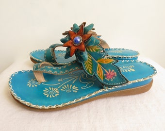 7 Turquoise Leather Floral Sandals "Spring Step" Embellished Slide Sandals US Size 7 - Euro Size 38