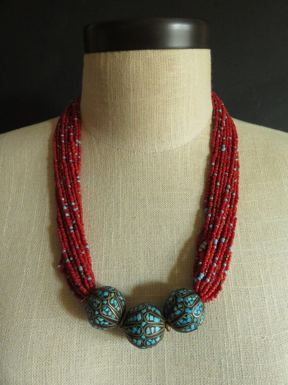 Tibetan Mosaic Necklace India Turquoise Stone Inlay Multi strand