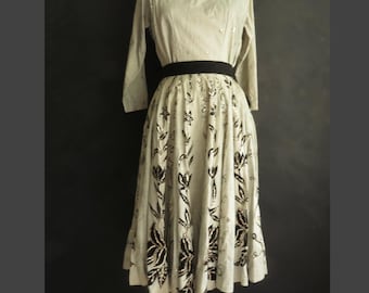 50s Mexican Skirt Outfit Hand Painted White & Black Cotton w/ Sequins