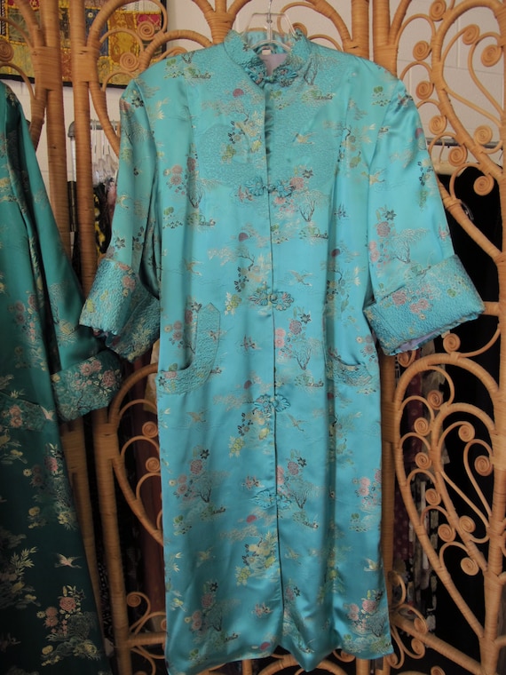 Vintage Chinese Silk Robe Turquoise Aqua Satin Kim