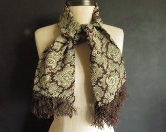 Brown Paisley Opera Scarf Silk Fringe Long Silk Crepe Vintage Scarf