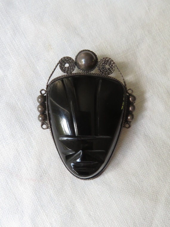 Taxco Onyx Face Pin Vintage Black Onyx Brooch Ster