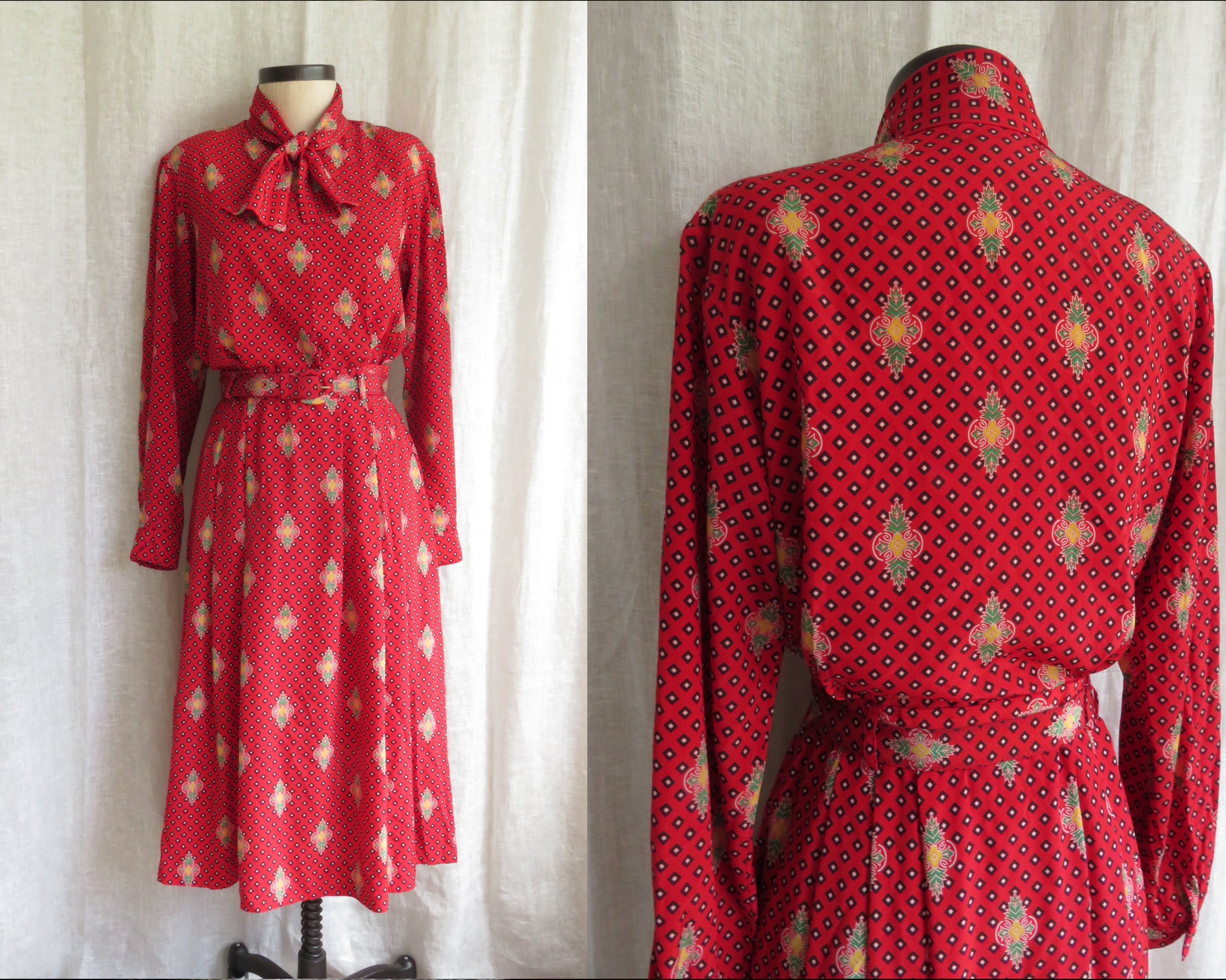 1940s Mens Ties | Wide Ties & Painted Ties Sz 10 Evan Picone Vintage Skirt Set 1980S Red Blouse  Outfit 3-Piece With Belt Size $89.00 AT vintagedancer.com