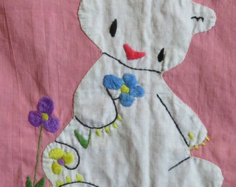 1920s Baby Crib Coverlet Pink Cotton w/ White Linen Bear Appliques Hand-Embroidered Features