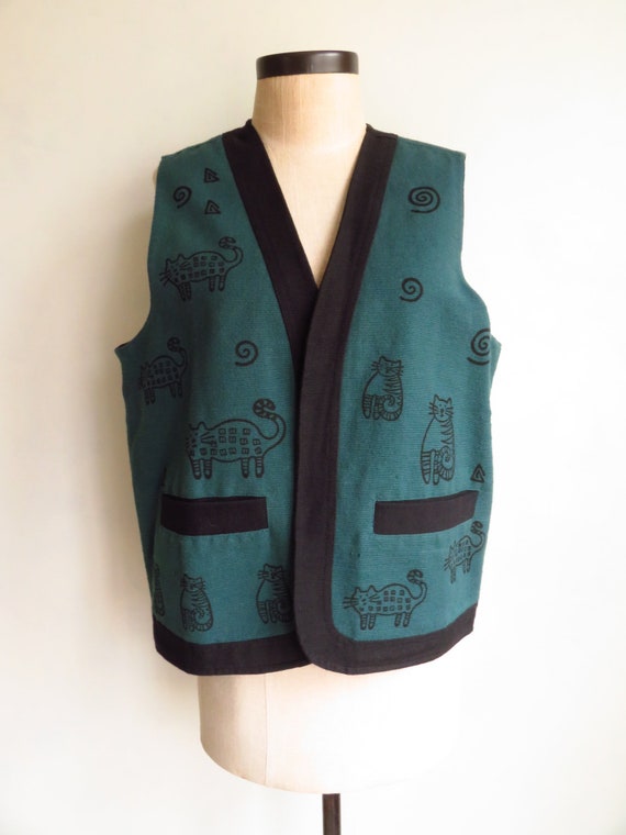 L Cat Print Vest Nepal Green & Black Cotton Handm… - image 2