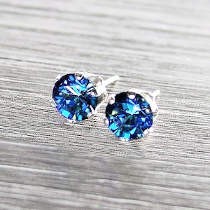 Ocean Blue Stud Earrings, Sterling Silver, RARE Dark Blue Swarovski Crystal, 4mm, 5mm, 6mm, 7mm Round Ear Stud Pair, Jewelry Gift for Her